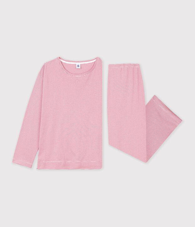 Pijama de algod&oacute;n a rayas de pernera recta para mujer rosa/blanco