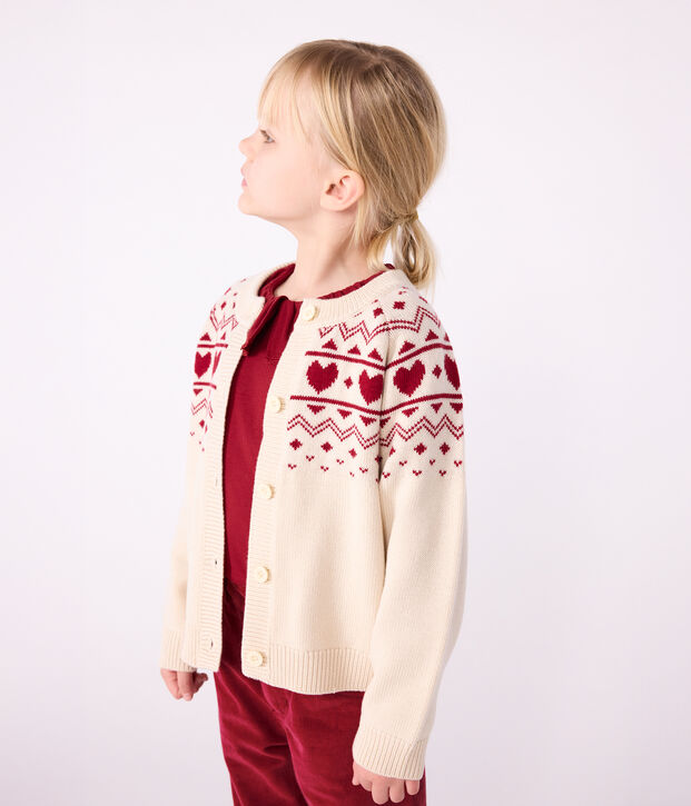 C&aacute;rdigan infantil de lana y algod&oacute;n con estampado jacquard crudo/rojo