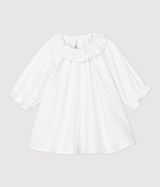 Vestido con flores de bebé niña de sarga de algodón orgánico blanco MARSHMALLOW/gris GRIS