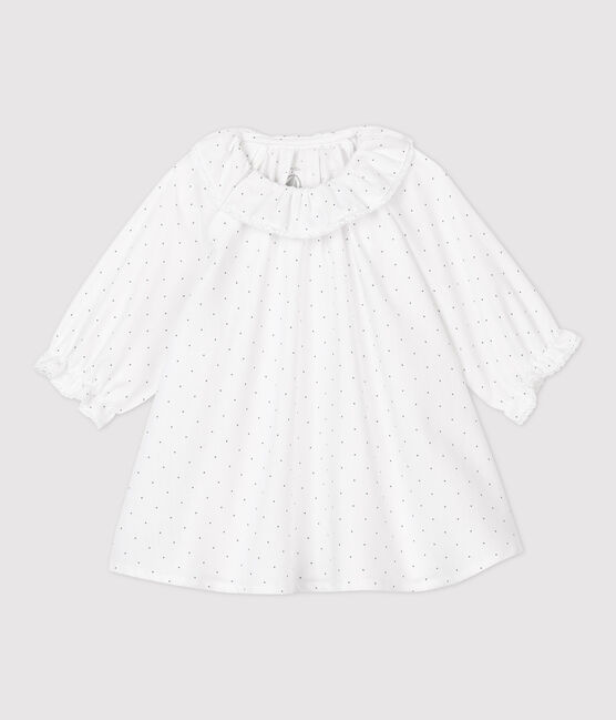 Vestido con flores de bebé niña de sarga de algodón orgánico blanco MARSHMALLOW/gris GRIS