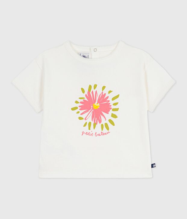 Camiseta de algod&oacute;n de manga corta con estampado de flor para beb&eacute; blanco