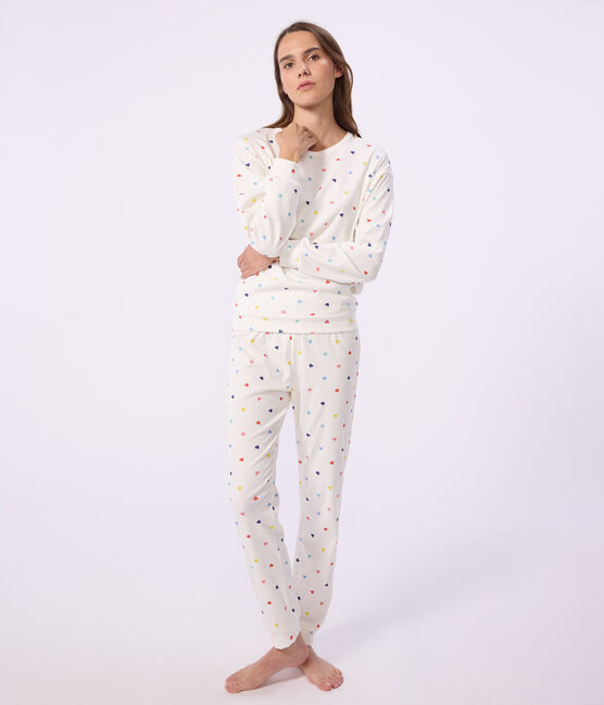 Pijama de algodón y elastano con estampado de corazones para mujer blanco MARSHMALLOW/blanco MULTICO