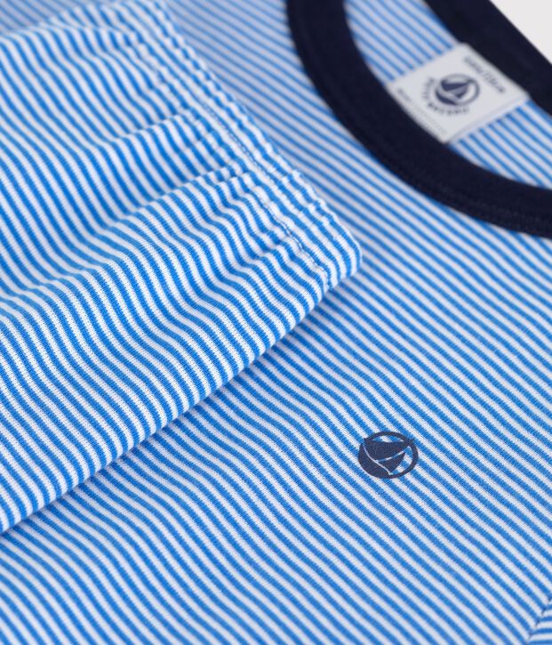 Pijama infantil de algod&oacute;n de manga corta y pierna larga a rayas azul/blanco