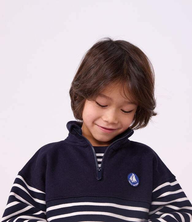 Sudadera infantil de algod&oacute;n a rayas con cremallera en el cuello azul/blanco