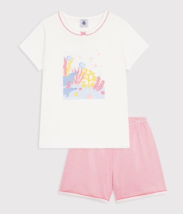 Pijama corto infantil de algod&oacute;n con estampado de oc&eacute;ano blanco/rosa
