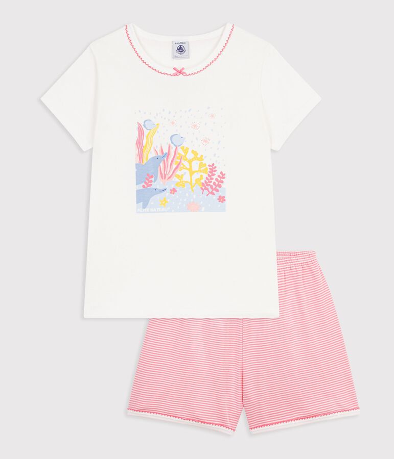 Pijama corto infantil de algod&oacute;n con estampado de oc&eacute;ano blanco/rosa