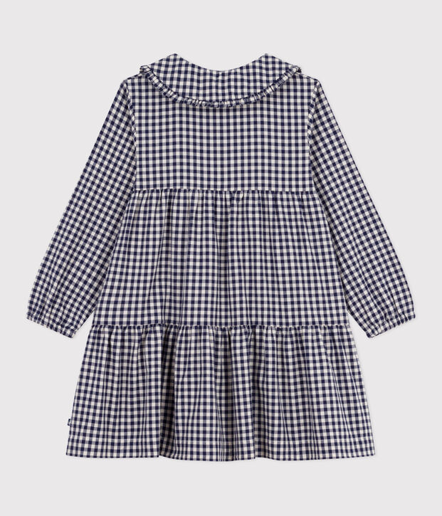 Vestido infantil de manga larga de franela a cuadros azul/crudo