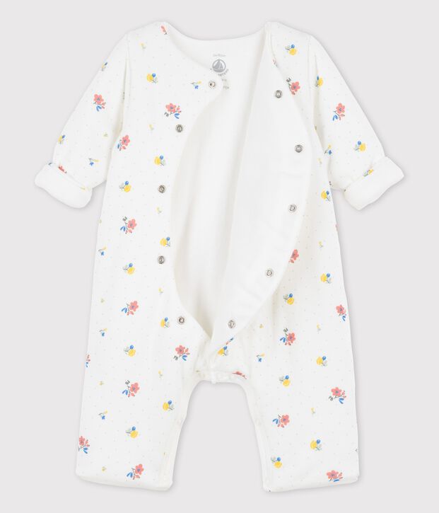 Mono largo de beb&eacute; con estampado en tejido t&uacute;bico ecol&oacute;gico blanco/rosa