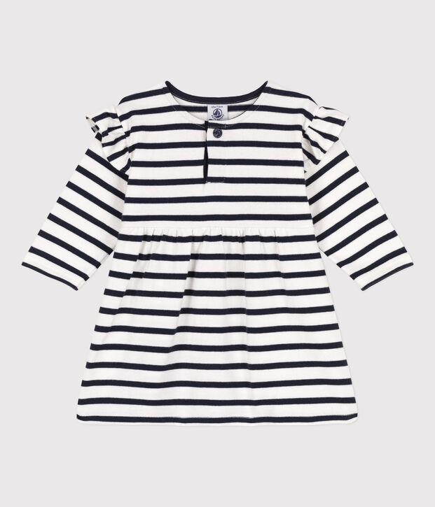 Vestido de manga larga de punto grueso con rayas marineras para beb&eacute; blanco/azul