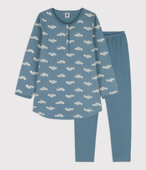 Camisón y leggings de felpa y algodón con pájaro para niña azul ROVER/blanco MARSHMALLOW