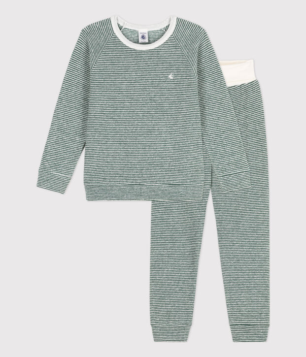 Pijama de rizo de algod&oacute;n milrayas para ni&ntilde;o/ni&ntilde;a verde/blanco
