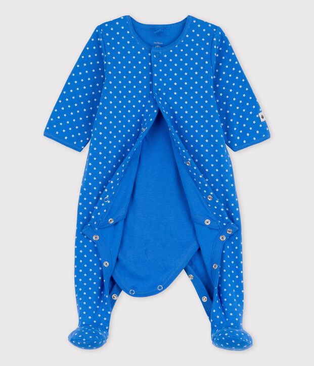 Bodyjama de algod&oacute;n org&aacute;nico de beb&eacute; azul/blanco