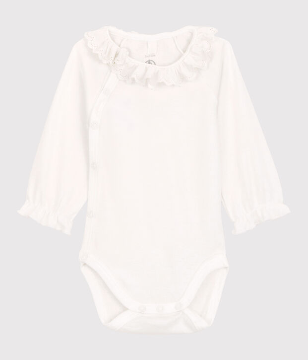 Bodi con cuello de beb&eacute; ni&ntilde;a de algod&oacute;n org&aacute;nico blanco