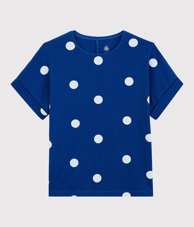 Camiseta de algod&oacute;n/lino estampada de mujer azul/blanco