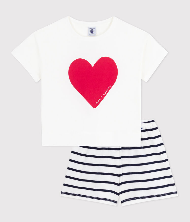 Pijama corto infantil de algod&oacute;n con estampado de corazones blanco/azul