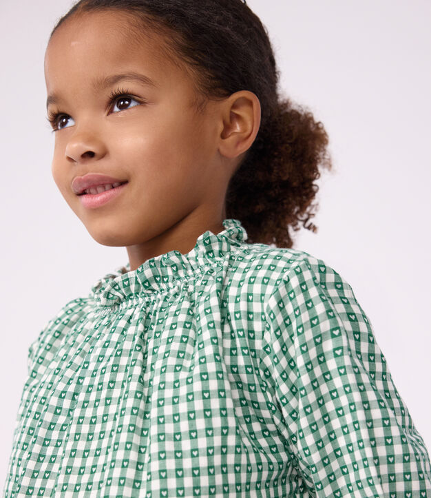 Blusa infantil de algod&oacute;n de manga larga con cuello y estampado verde/blanco