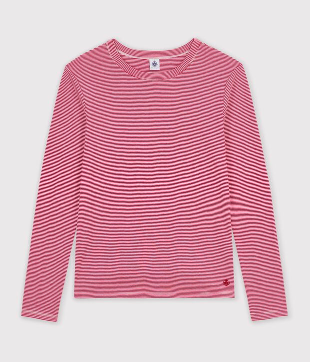 Camiseta de manga larga de algod&oacute;n a rayas para mujer rojo/blanco