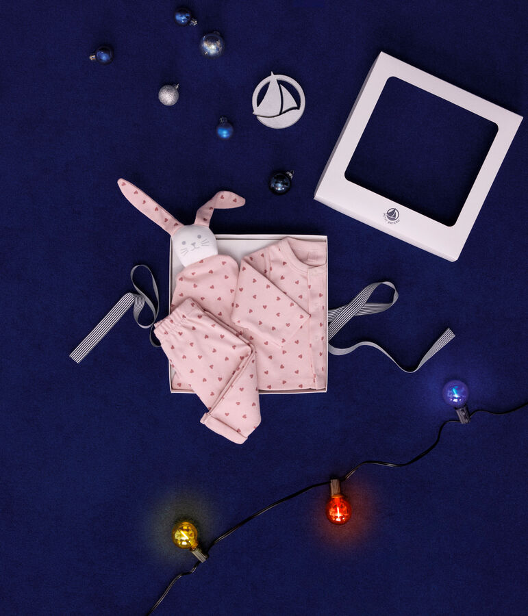 Estuche con conjunto de c&aacute;rdigan, pantal&oacute;n y doudou de algod&oacute;n para beb&eacute; rosa/rosa