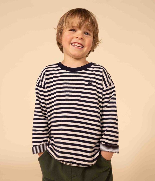 Camiseta de manga larga de tejido t&uacute;bico de ni&ntilde;o azul/crudo