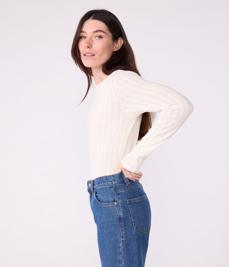 Camiseta Ic&oacute;nica de manga larga de algod&oacute;n calado para mujer crudo