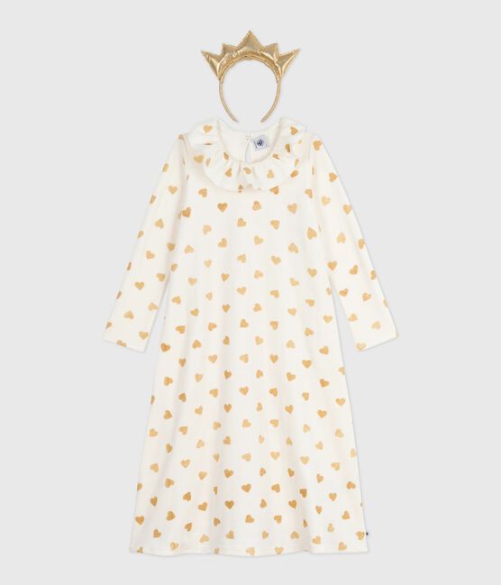 Camisón disfraz infantil de terciopelo con estampado de corazones dorados crudo MILK+DORE