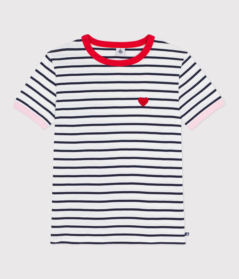 Camiseta de algod&oacute;n de manga corta para mujer blanco/azul