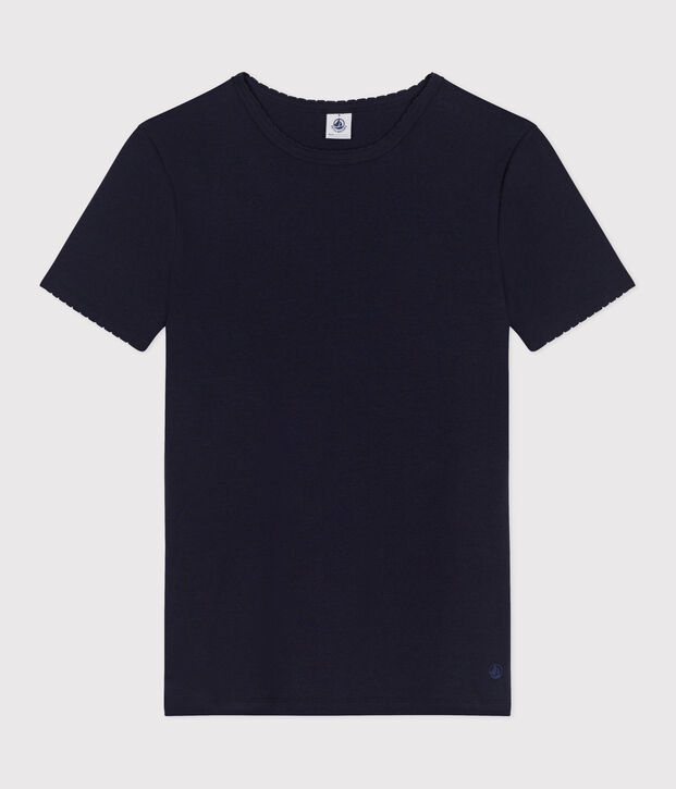 Camiseta lisa Ic&oacute;nica de algod&oacute;n con punto cocotte para mujer azul