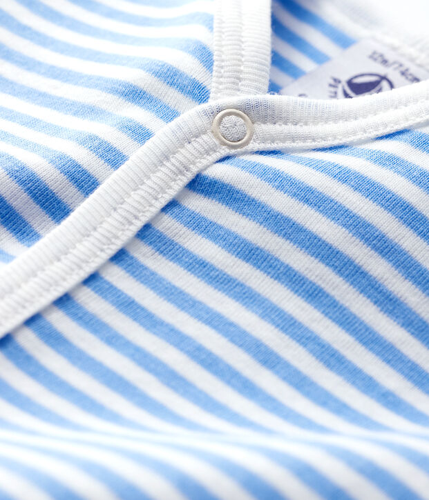 Pijama enterizo sin pies de rayas azules de algod&oacute;n de beb&eacute; azul/blanco