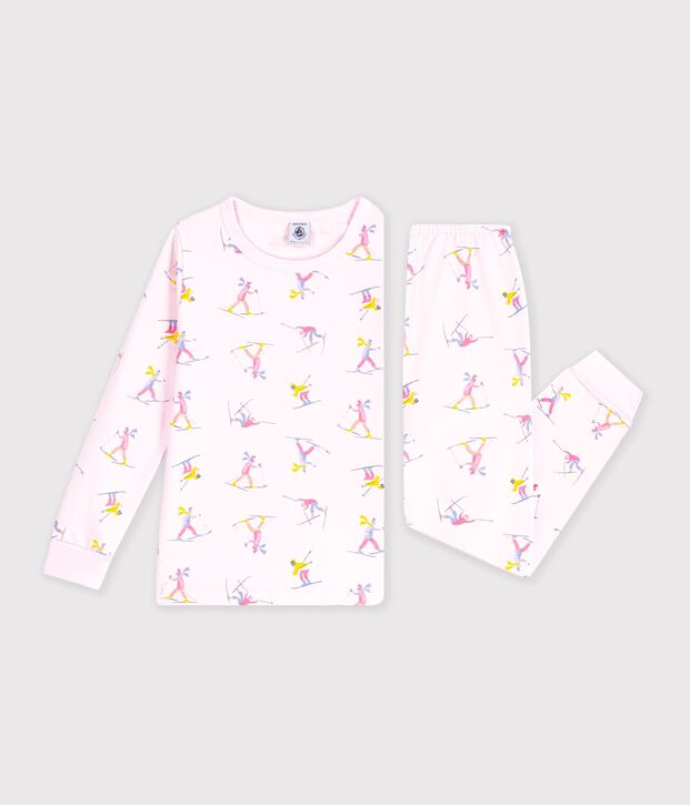 Pijama infantil de mulet&oacute;n con estampado de esquiadores rosa/multicolor