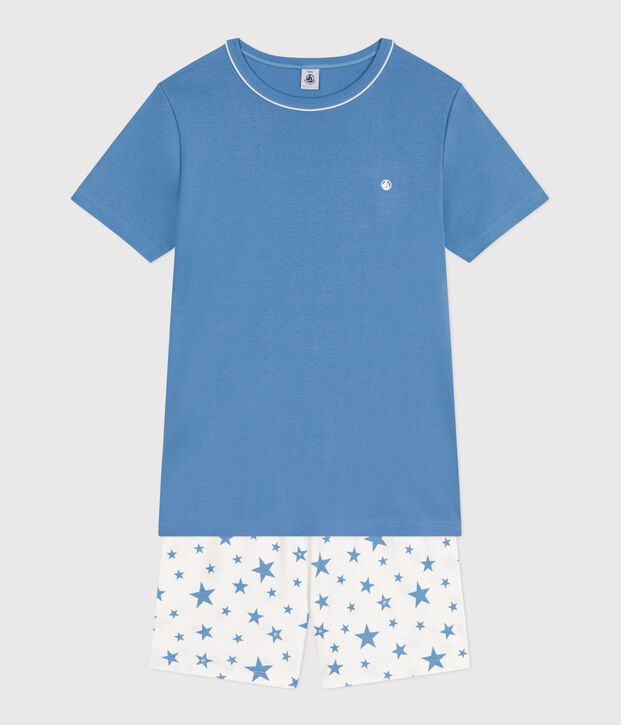 Pijama corto infantil de algod&oacute;n azul/blanco