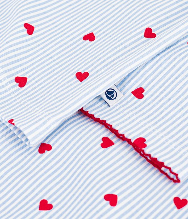 Pijama abotonado de algod&oacute;n con estampado de rayas y corazones para mujer blanco/multicolor