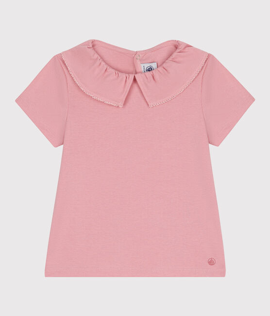 Camiseta infantil lisa de manga corta de algodón con cuello rosa CHARME