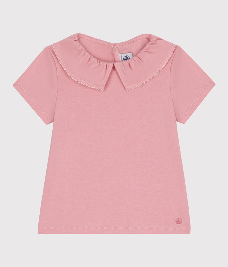 Camiseta infantil lisa de manga corta de algod&oacute;n con cuello rosa
