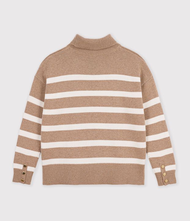 Jersey de cuello alto de lana y algod&oacute;n a rayas para mujer beige/crudo