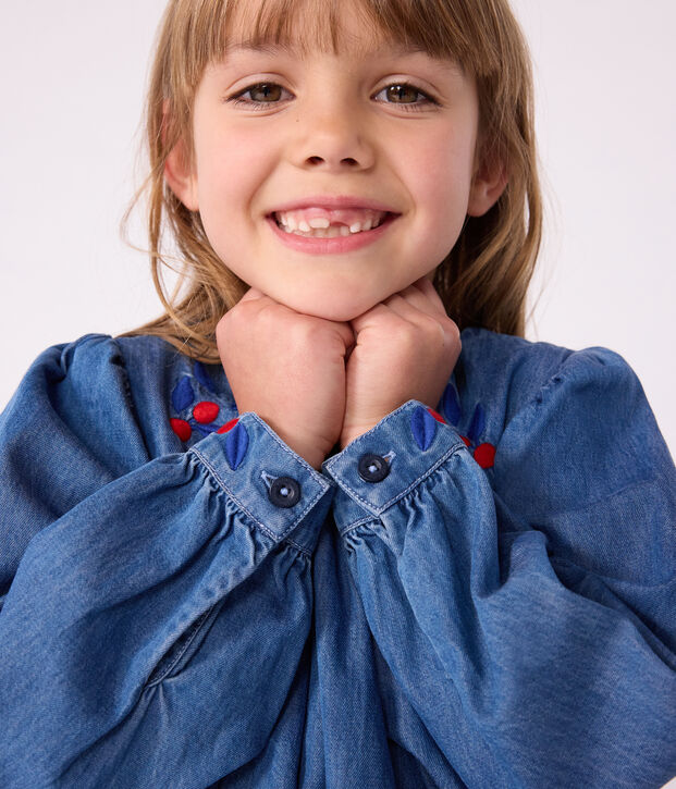 Vestido infantil de manga larga de tejido denim azul