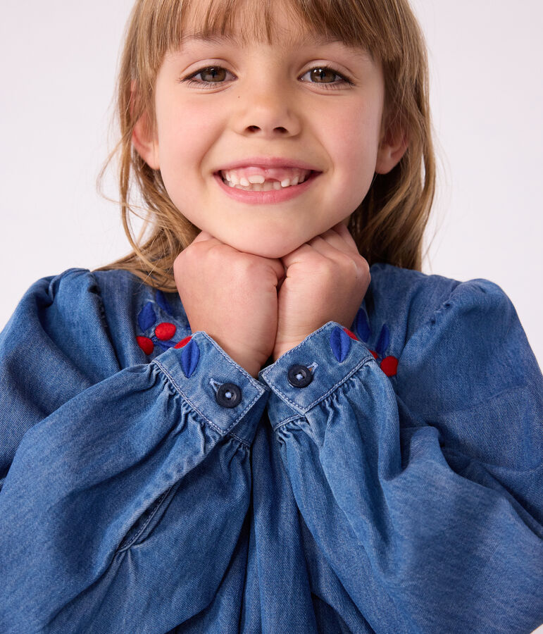 Vestido infantil de manga larga de tejido denim azul
