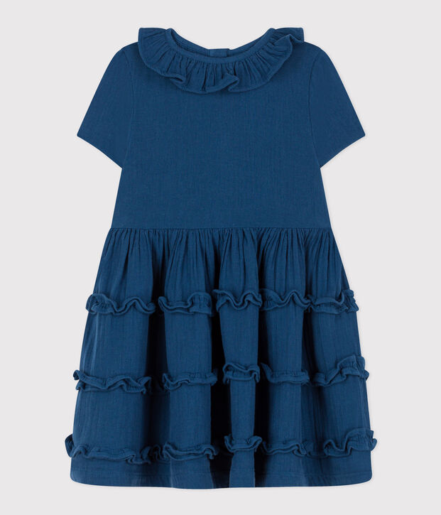 Vestido de manga corta de gasa de algod&oacute;n para ni&ntilde;a azul