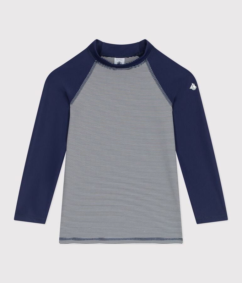 Camiseta infantil de ba&ntilde;o de manga larga a rayas con protecci&oacute;n frente a los rayos UV azul MEDIEVAL/blanco MARSHMALLOW