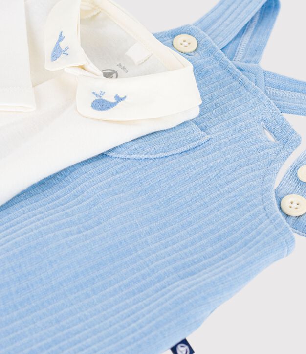 Conjunto de peto/body de algod&oacute;n liso con detalles bordados para beb&eacute; azul/crudo