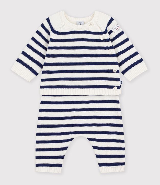 Conjunto de punto tricotado a rayas para beb&eacute; azul/azul