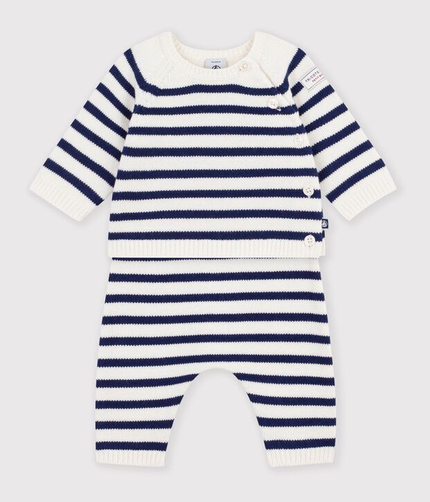 Conjunto de punto tricotado a rayas para beb&eacute; azul/azul