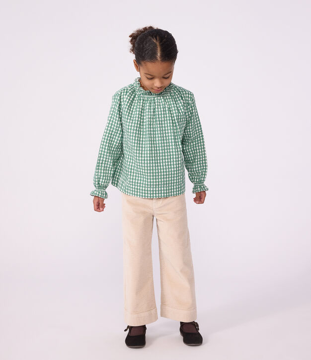 Blusa infantil de algod&oacute;n de manga larga con cuello y estampado verde/blanco