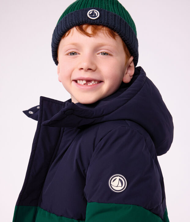 Plum&iacute;fero infantil liso colorblock verde/azul