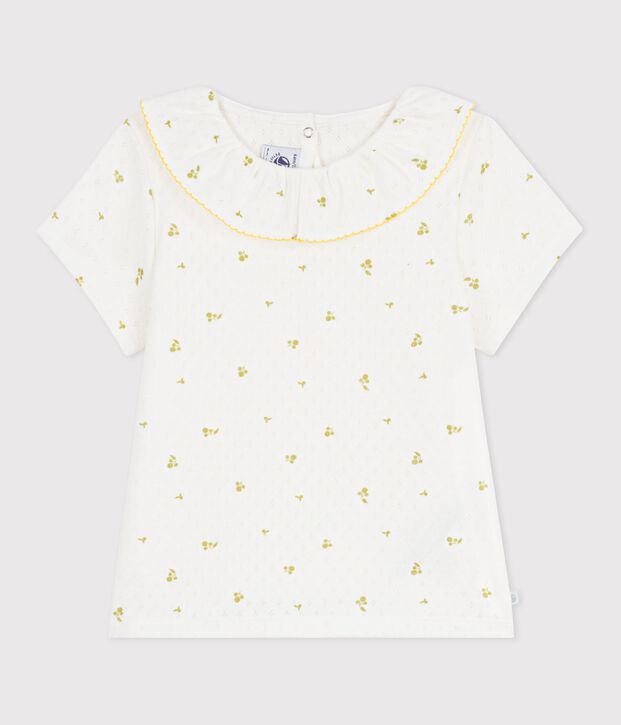 Camiseta infantil de algod&oacute;n de manga corta con estampado de flores blanco/verde