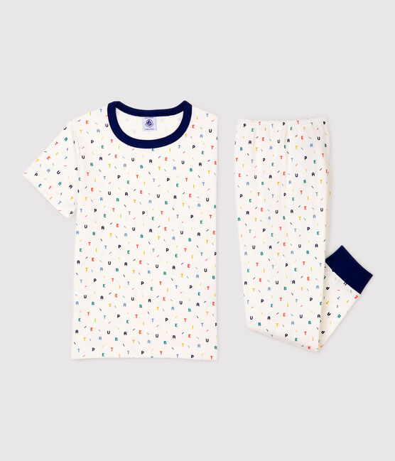 Pijama de manga corta estampado con letras multicolores de niño de algodón orgánico blanco MARSHMALLOW/blanco MULTICO