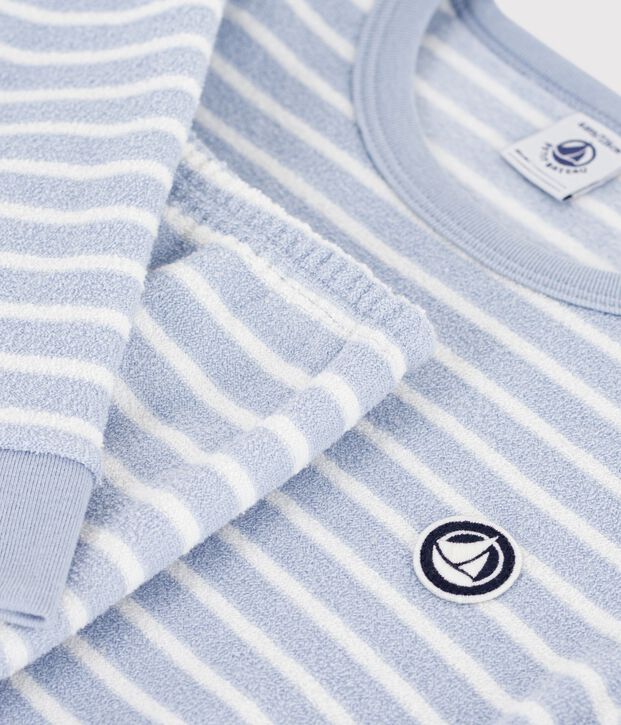 Pijama infantil de rizo de algod&oacute;n a rayas azul/crudo