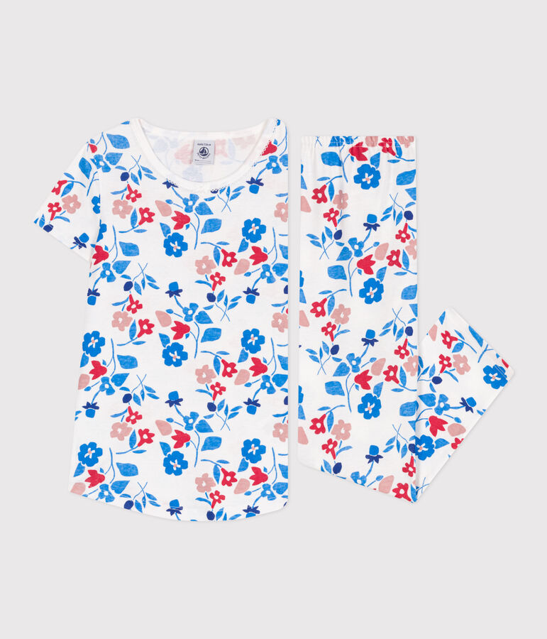 Pijama infantil de algod&oacute;n con flores blanco/multicolor