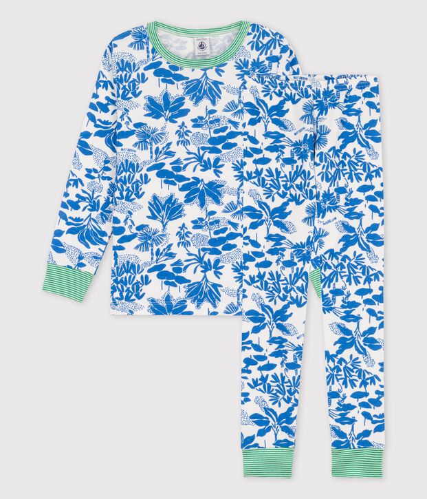 Pijama con estampado vegetal de algod&oacute;n de ni&ntilde;o blanco/azul