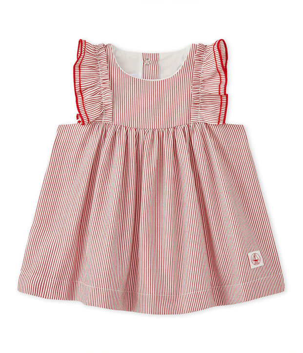 Vestido para beb&eacute; en popelina a rayas blanco/rojo