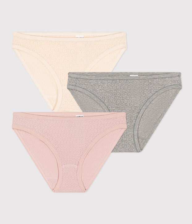 Juego de 3 braguitas de algod&oacute;n calado para mujer multicolor